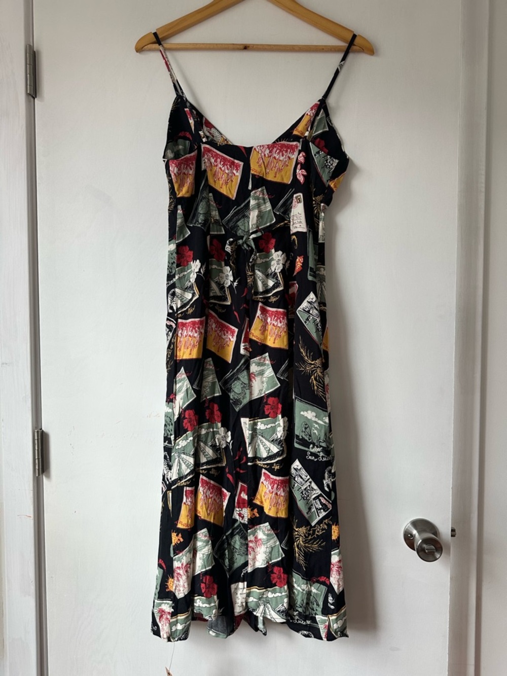Reformation Black Postcard-Print Midi Slip Dress with Red and Green Accents - Picture 5 of 8
